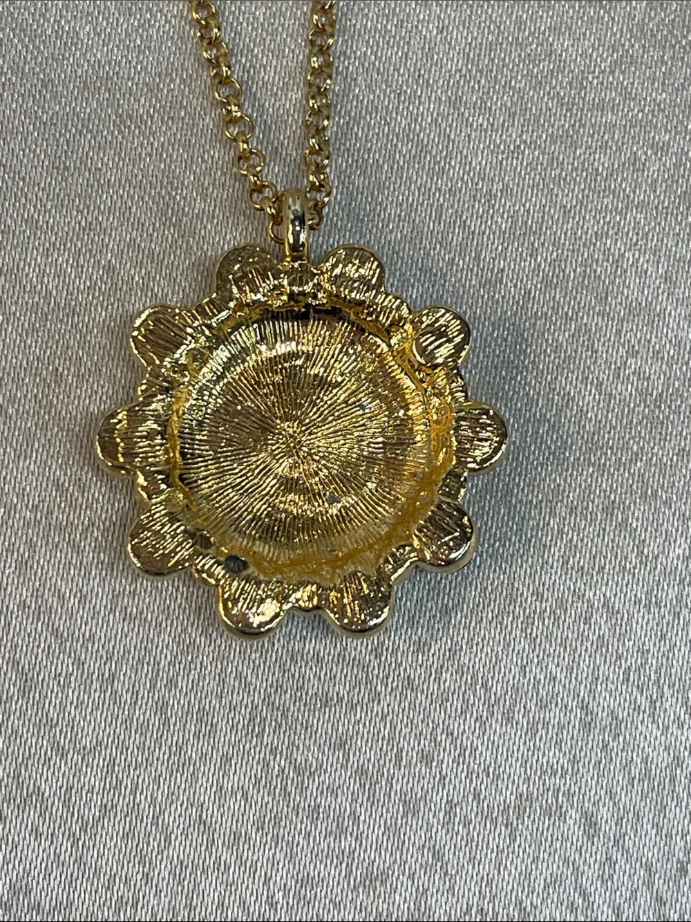 Gold-Tone Necklace with Beige Center and Green Crystal Halo